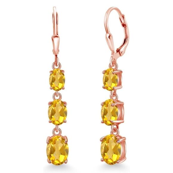 18K Rose Gold with 5.00 Cttw 3 Stone Yellow Citrine Leverback Drop Earrings